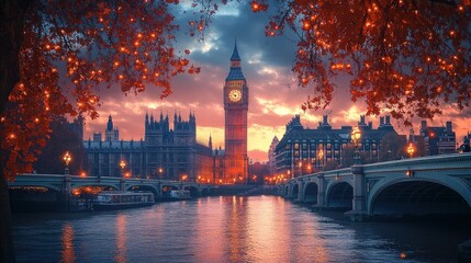 Naklejka premium Big Ben and Houses of Parliament at sunset, framed by branches with orange lights, reflecting in the River Thames.