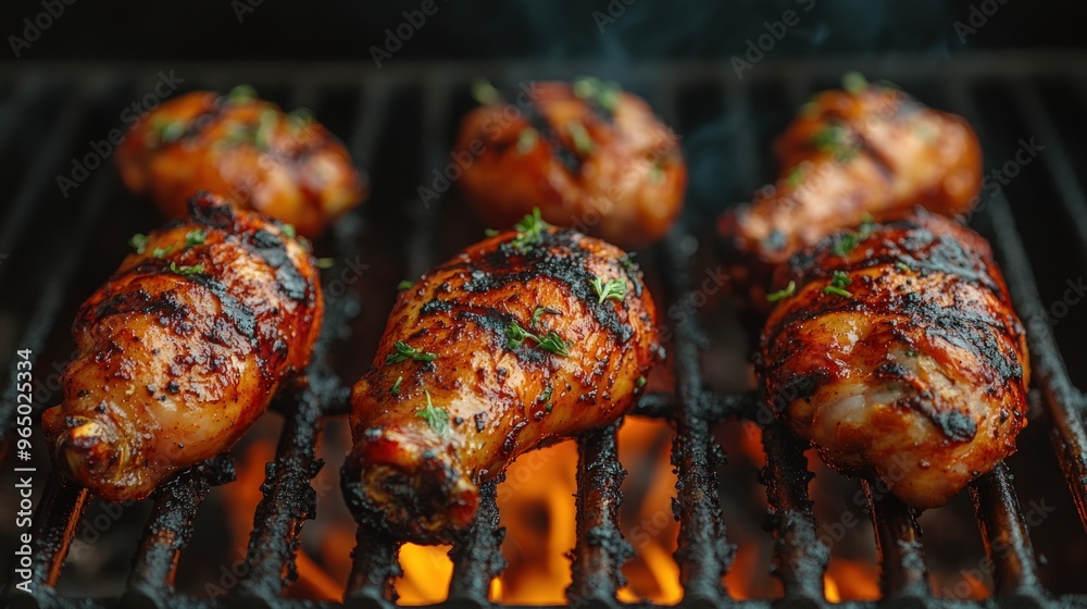 Wall mural Chicken drumsticks grilling on a barbecue grill with flames and smoke.