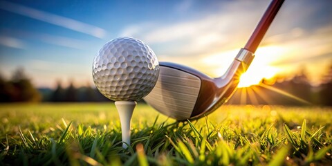 A close up photo of a white golf ball balanced on a tee in front of an iron club with a black background taken from a worm s eye view, tee off, tee, competition, golf club
