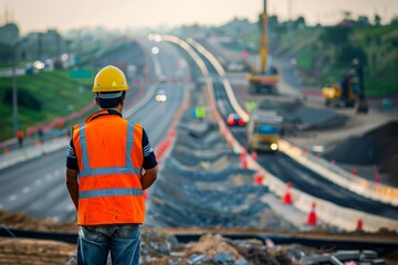 Civil engineer supervising road construction on a busy expressway project during the afternoon