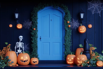 Obraz premium Halloween Welcome: A charmingly spooky porch adorned with glowing pumpkins, cobwebs, and a friendly skeleton, beckons trick-or-treaters on a festive night. 