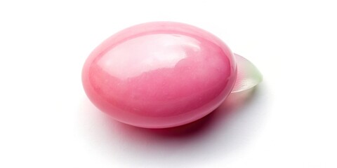 disposability, pink, bubble gum, close-up, stretchy, candy, elasticity, sticky, Chewed pink bubble gum shaped like a bubble is seen from a bird s eye view on a white background