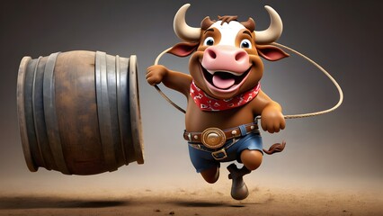 A bull in full rodeo gear&mdash;bandana, lasso, and cowboy boots&mdash;showing off with exaggerated stunts, like spinning a lasso over its head while balancing on a barrel, with a big, excited grin.