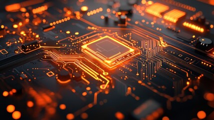 High-resolution image of a detailed circuit board with luminous circuitry, glowing softly in a dark environment, showcasing a clean and contemporary tech design 