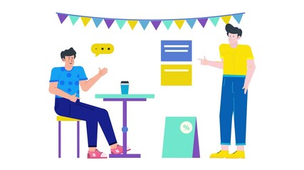 people interact in a vibrant cafe showcasing lively exchange amidst colorful decorations and an inviting atmosphere illustration business animated video