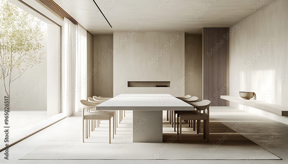 Poster minimalist dining room with simple table, chairs, and neutral color scheme for serene and balanced i