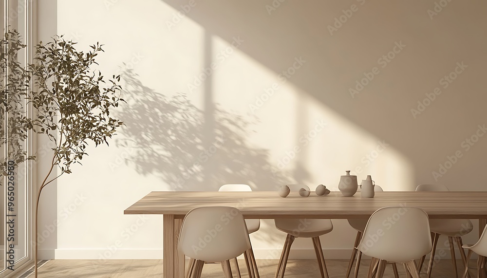 Poster minimalist dining room with simple table, chairs, and neutral color scheme for serene and balanced i