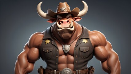 A large, muscular bull character with comically oversized horns and a confident grin, standing tall and proud, wearing a sheriff’s badge and cowboy hat, leading the group like the "bull in charge."