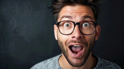 Surprised Man with Glasses on Dark Background Expressing Shock and Amazement, Close-up Photograph