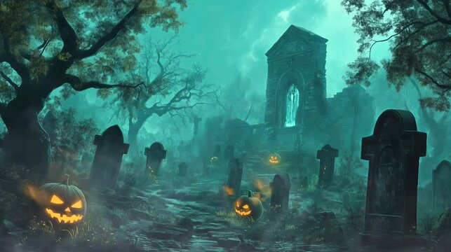 A deserted, fog-covered graveyard with ancient tombstones and glowing jack-o'-lanterns. Halloween concept, looping 4k video animation background