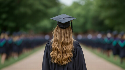 graduating girl in a cap and gown is shown from behind, emphasizing her achievement. The vibrant colors of the setting highlight her excitement and anticipation for the future ahead