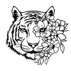 Tiger | Floral Tiger | Tiger Head | Tiger Face with Flower | Jungle Animal | Forest Animal | Tiger Face | Wild Animal | Original Illustration | Vector and Clipart | Cutfile and Stencil
