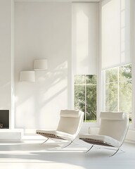 Fototapeta premium Minimalist Living Room with Lounge Chairs and Neutral Decor for a Bright and Uncluttered Modern Aesthetic