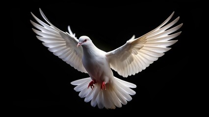 Fototapeta premium White dove soaring gracefully against a dark black background at a funeral ceremony, peaceful,white dove, serenity, spiritual, condolence, funeral service, grief, funeral, tranquility
