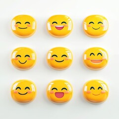 Fototapeta premium Cheerful collection of smiling emoji faces displayed in a neat grid on a white surface, radiating positivity and joy in a playful arrangement