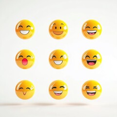 Fototapeta premium Bright and cheerful collection of yellow emoji balls showcasing various facial expressions and emotions against a simple white background