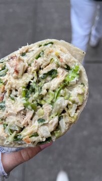 person holding chicken ceaser wrap