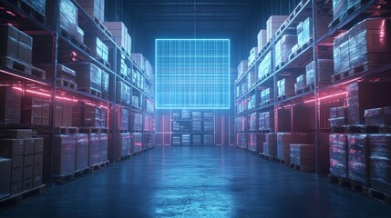 Fototapeta premium Labeled boxes on a pallet, surrounded by a holographic grid overlay indicating contents, high-tech warehouse setting, soft blue neon glow