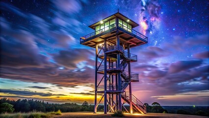 Light show outside an observation tower against a dark sky, energy, dark sky, attraction, glowing, light show, futuristic, illuminated, entertainment, bright, technology, architecture