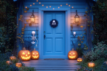 Obraz premium Jack-o'-lantern, Halloween pumpkin in the garden, Halloween pumpkin on the door: A carved, orange pumpkin with a spooky face, lit from within by a candle, sits on a doorstep against a dark autumn 