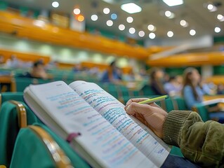 A student takes notes in a lecture hall, capturing essential information from a textbook surrounded by classmates in focus.