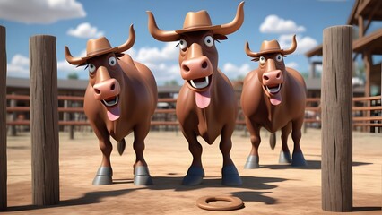 a group of bulls could be playing horseshoes, but instead of horseshoes, they’re using their horns to throw large cowboy hats onto wooden posts, with exaggerated.