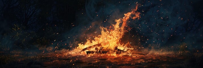 Naklejka premium Flickering flames rise from a bonfire, creating an enchanting light in the surrounding darkness. The powerful fire generates a vivid contrast, repelling the night and brightening the area.