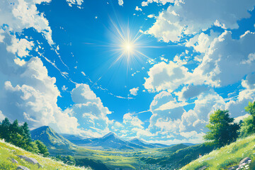 Fototapeta premium A vibrant summer day with a blue sky, fluffy clouds, bright sun and green hills in the distance.