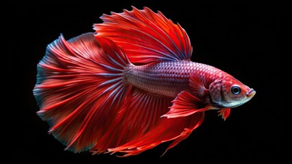 Fototapeta premium red, black background,betta fish, isolated, close-up, grace, Extreme close up of an isolated red veil betta fish swimming gracefully against a black background