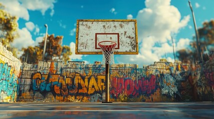 Basketball backboard, with net swaying, outdoor court, graffiti-covered wall behind