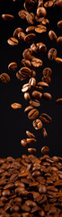 Roasted coffee beans falling against a dark background. Perfect image for coffee shops, advertisements, and promotions.