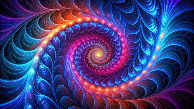 Fototapeta Abstract black light spiral background in blue pink and orange with a futuristic fractal design creating a visually stunning wallpaper resembling a bird s eye view, vibrant, psychedelic