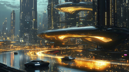 A futuristic metropolis where streets are made of liquid mercury, shifting and flowing as vehicles glide effortlessly above the surface, casting ripples through the shimmering ground