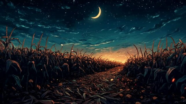 A withered cornfield, the dry stalks rustling ominously in the breeze under a crescent moon. Halloween concept, looping 4k video animation background