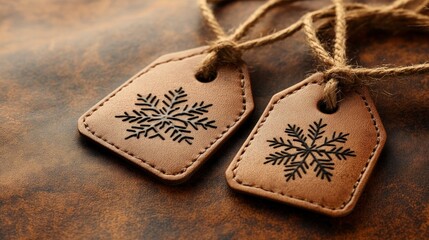 Christmas gift tags, decorated with snowflake designs, lying on wrapping paper, warm lighting