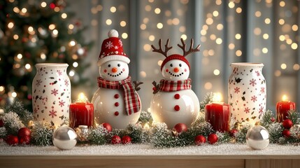 Christmas-themed dishware, with snowman and reindeer designs, set on a dinner table, candlelight