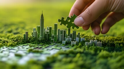 Green Cityscape, Representing Eco-Friendly Urban Development and Sustainable Living. Highlights Environmental Consciousness, Sustainable Architecture, and Innovative Solutions for Future Cities