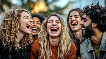 Fototapeta premium Group of friends laughing and having fun outdoors together, A joyful image that is popular in lifestyle, travel and entertainment.