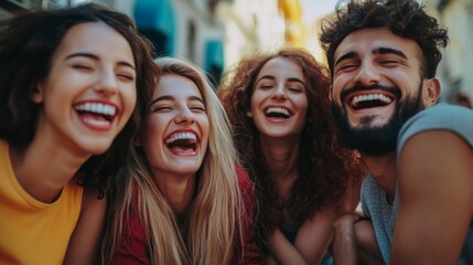 Group of friends laughing and having fun outdoors together, A joyful image that is popular in lifestyle, travel and entertainment.