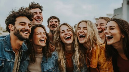 Group of friends laughing and having fun outdoors together, A joyful image that is popular in lifestyle, travel and entertainment.