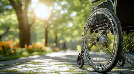 Naklejka premium Customized wheelchair wheel, with spokes and hand rim, park background, bright day