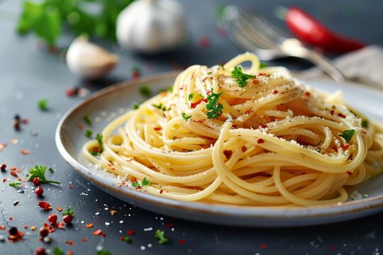 A plate of spaghetti aglio e olio with garlic and red pepper flakes