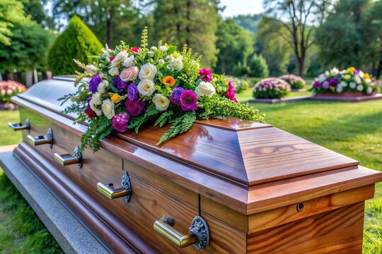 grieving, dark, burial rituals, final resting place, wooden, sorrow, A partially open asymmetrical coffin with a floral decoration on top prepared to be buried in a cemetery