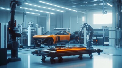 Fototapeta premium A high-tech battery factory with automated machinery producing electric car batteries. Workers in safety gear oversee the production line in a modern, well-lit industrial setting.