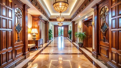Obraz premium An elegant entrance hallway in a luxurious villa featuring exquisite wooden decor with a long shot capturing its spaciousness, architecture, entrance, luxurious, residence, upscale, spacious