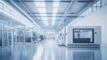 Obraz premium A high-tech battery factory with automated machinery producing electric car batteries. Workers in safety gear oversee the production line in a modern, well-lit industrial setting.