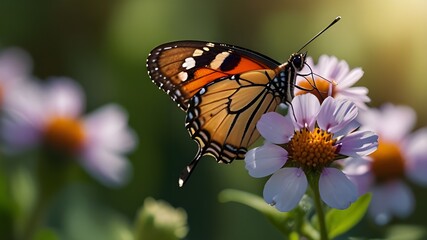 Macro shots, Beautiful nature scene. Closeup beautiful butterfly sitting on the flower in a summer garden. Generative AI