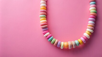 vibrant, celebration, sugar,candy necklace, sugary, low angle, pastel, background, confection, delicious, fun, Candy necklace hanging on a pink pastel colored background at a low angle