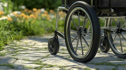 Electric wheelchair, with a customized seat, close-up of wheels, park background