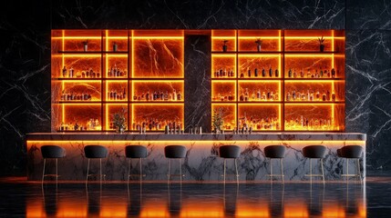 Elegant home bar, with a marble countertop, bar stools, and backlit shelves, warm lighting